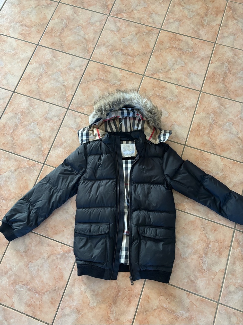 Burberry Black Kids Puffer Jacket with Faux Fur Hood